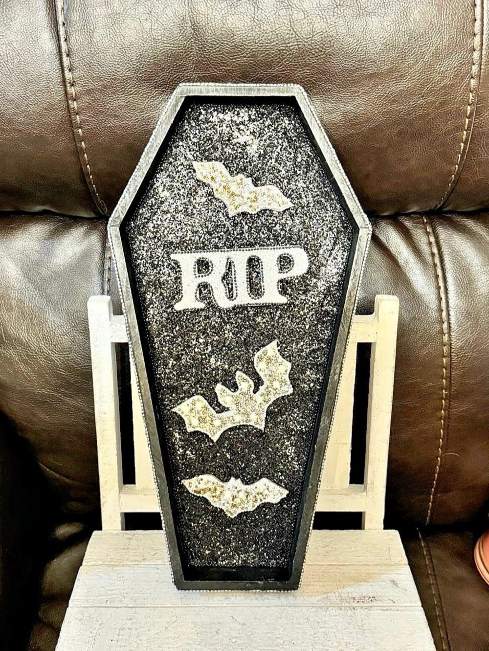 Coffin-Shaped Bat Decor Black & White sparkly